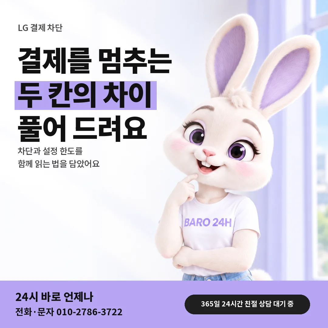 BARO 24H 티셔츠를 입은 3D 토끼 캐릭터 옆에 「LG 차단과 설정 한도 차이」 제목을 얹은 안내 카드